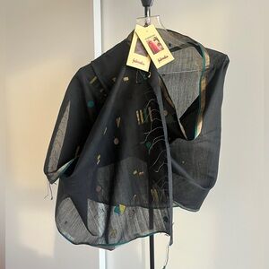 Fabindia NWT silk blend Jamdani scarf stole black turquoise gold handwoven 70"